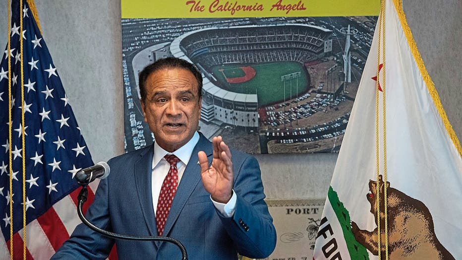 Anaheim Mayor Harry Sidhu holds a press conference to discuss the Angel Stadium lease talks on the 7th floor of Anaheim City Hall in Anaheim on Tuesday, August 27, 2019. (Photo by Kevin Sullivan/MediaNews Group/Orange County Register via Getty Images)