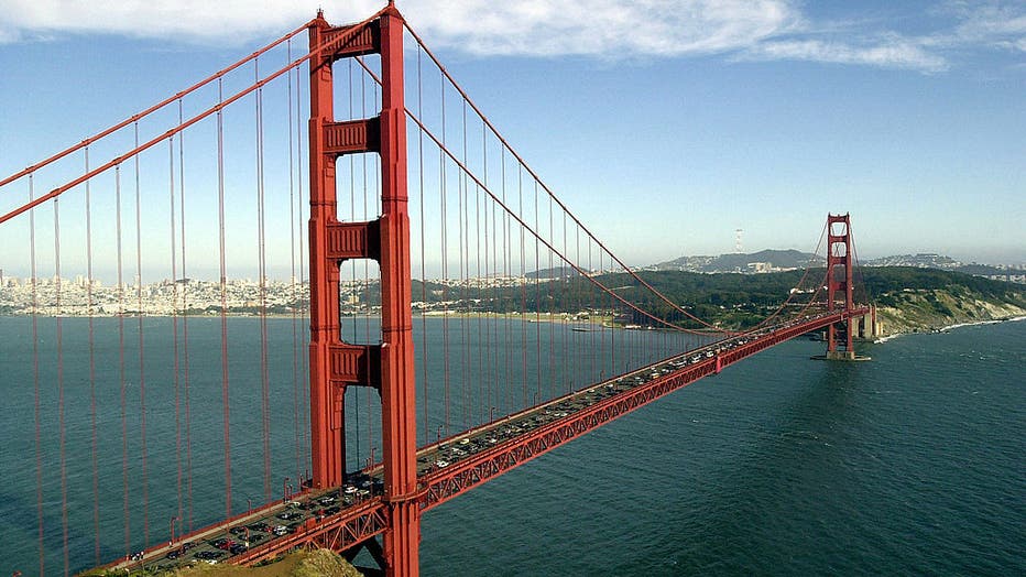 The Golden Gate Bridge spans the bay in San Francisco, California.