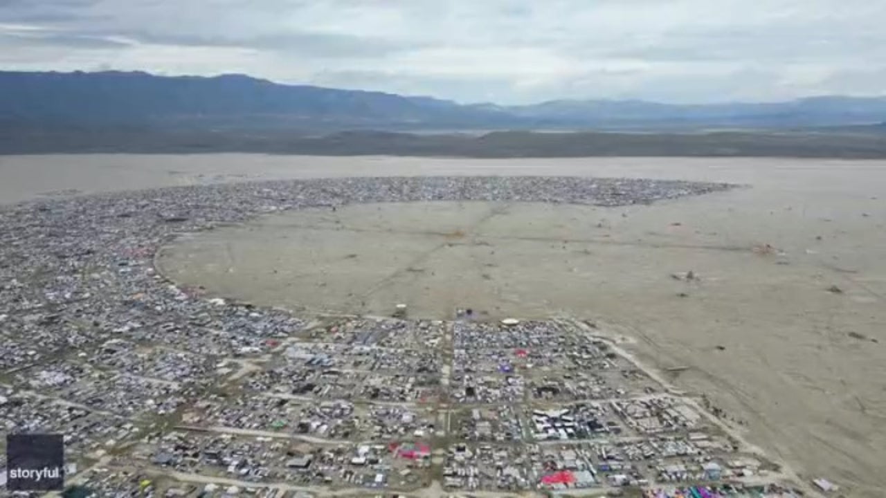 Drone video shows Burning Man flooding in Nevada desert Drone video shows Burning Man flooding in Nevada desert