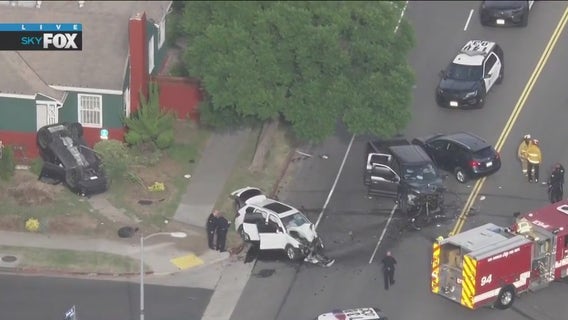 Car flips into Baldwin Hills home in crash; 3 other cars involved