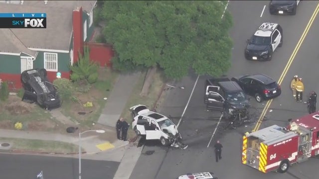 Car flips into Baldwin Hills home in crash; 3 other cars involved