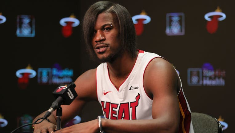 Jimmy Butler #22 of the Miami Heat speaks to reporters during media day at Kaseya Center on October 2, 2023 in Miami, Florida. (Photo by Sam Navarro/Getty Images)