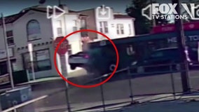 Video shows car strikes bus, crashing into Long Beach restaurant, leaving 14 injured