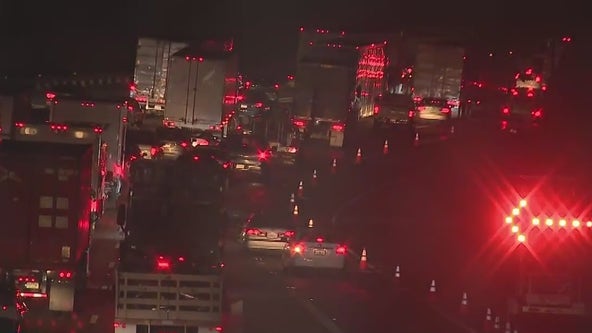 Overturned semi on 5 Fwy in Panorama City triggers traffic backup