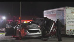 San Bernardino crash sends person flying from car, over moving truck