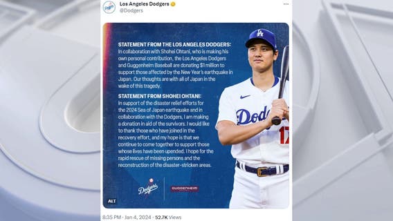 Shohei Ohtani, LA Dodgers pledge to donate $1 million for earthquake relief in Japan