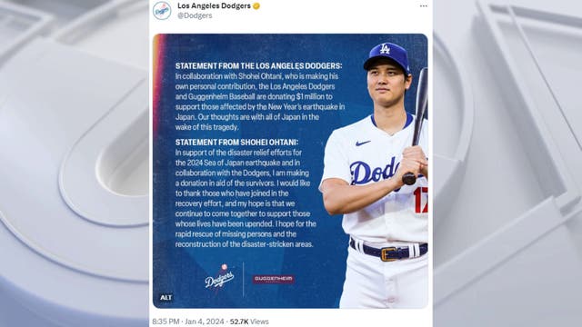 Shohei Ohtani, LA Dodgers pledge to donate $1 million for earthquake relief in Japan