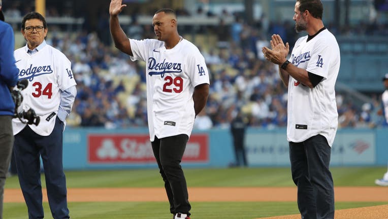 Fernando Valenzuela, Adrian Beltre and Éric Gagné attend Los Angeles Dodgers Opening Day at Dodger Stadium on April 14, 2022 in Los Angeles, California. (Photo by Jerritt Clark/GC Images)