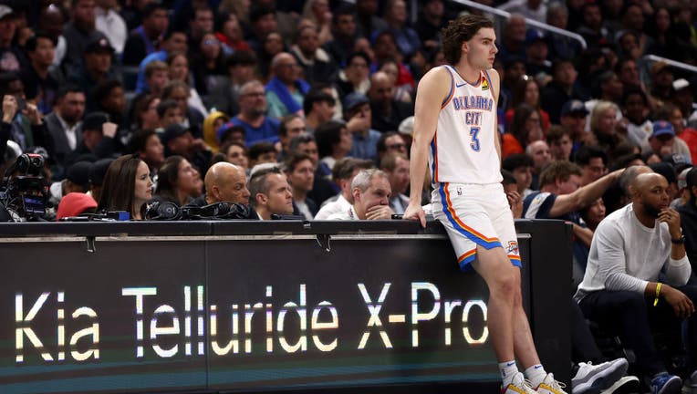 Josh Giddey #3 of the Oklahoma City Thunder waits on the sideline during the fourth quarter against the Los Angeles Clippers at Crypto.com Arena on January 16, 2024 in Los Angeles, California. (Photo by Katelyn Mulcahy/Getty Images)