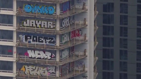 Taggers vandalize 27 floors of DTLA high-rise with graffiti; 2 arrested