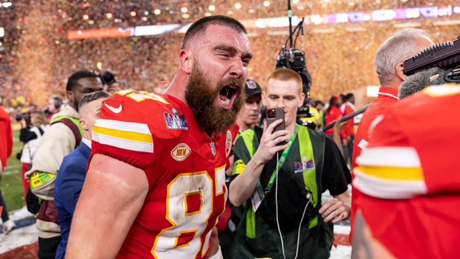 Travis Kelce #87 of the Kansas City Chiefs reacts following the NFL Super Bowl 58 football game between the San Francisco 49ers and the Kansas City Chiefs at Allegiant Stadium on Feb. 11, 2024, in Las Vegas, Nevada. (Photo by Michael Owens/Getty Images)