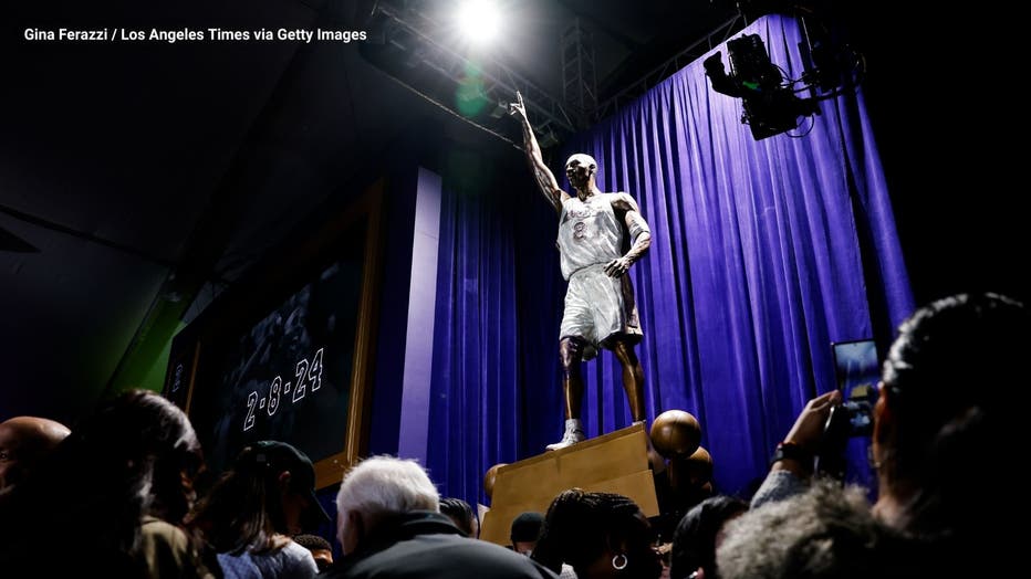 The Los Angeles Lakers unveil a statue honoring the late Kobe Bryant at the Star Plaza outside of Crypto.com Arena in Los Angeles Thursday, Feb. 8, 2024. (Gina Ferazzi / Los Angeles Times via Getty Images)