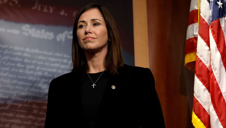 FILE - Sen. Katie Britt, R-Ala., listens during a news conference on border security at the U.S. Capitol Building on Sept. 27, 2023, in Washington, D.C. (Photo by Anna Moneymaker/Getty Images)