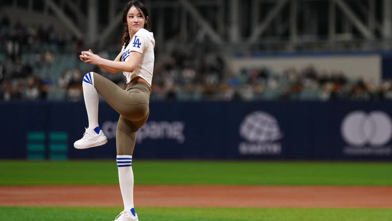 Jeon Jong-Seo throws out the ceremonial first pitch prior to the 2024 Seoul Series game between the Los Angeles Dodgers and the Kiwoom Heroes at Gocheok Sky Dome on Sunday, March 17, 2024 in Seoul, South Korea. (Photo by Daniel Shirey/MLB Photos via Getty Images)
