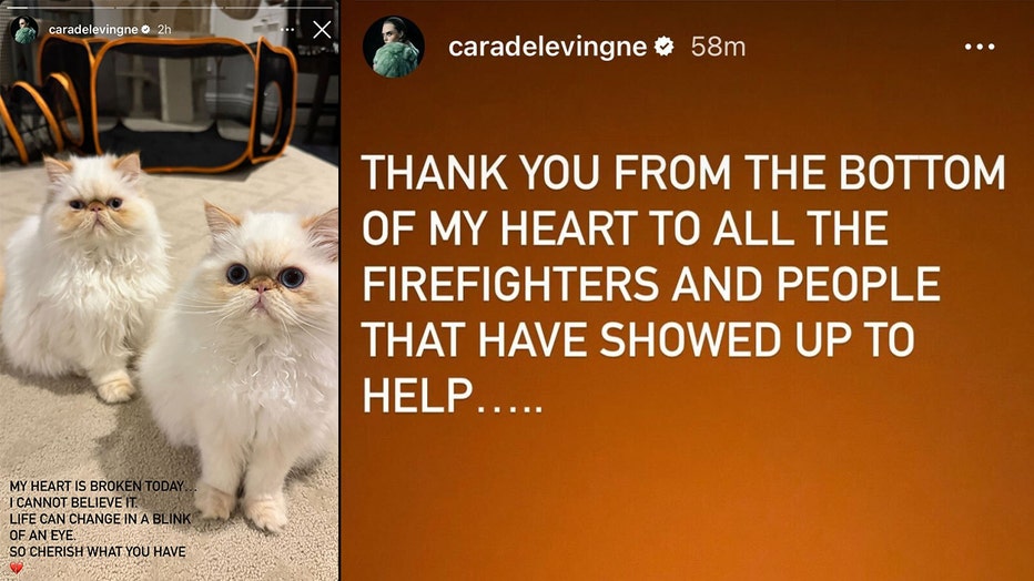 Cara Delevingne took to Instagram to thank firefighters who battled smoke and flames at her Studio City home. She wrote "THANK YOU FROM THE BOTTOM OF MY HEART TO ALL THE FIREFIGHTERS AND PEOPLE THAT HAVE SHOWED UP TO HELP..."