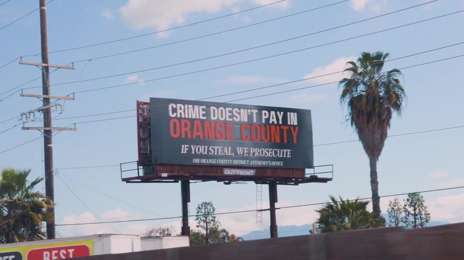 A billboard in Orange County reads, "Crime doesn't pay in Orange County. If you steal, we prosecute."