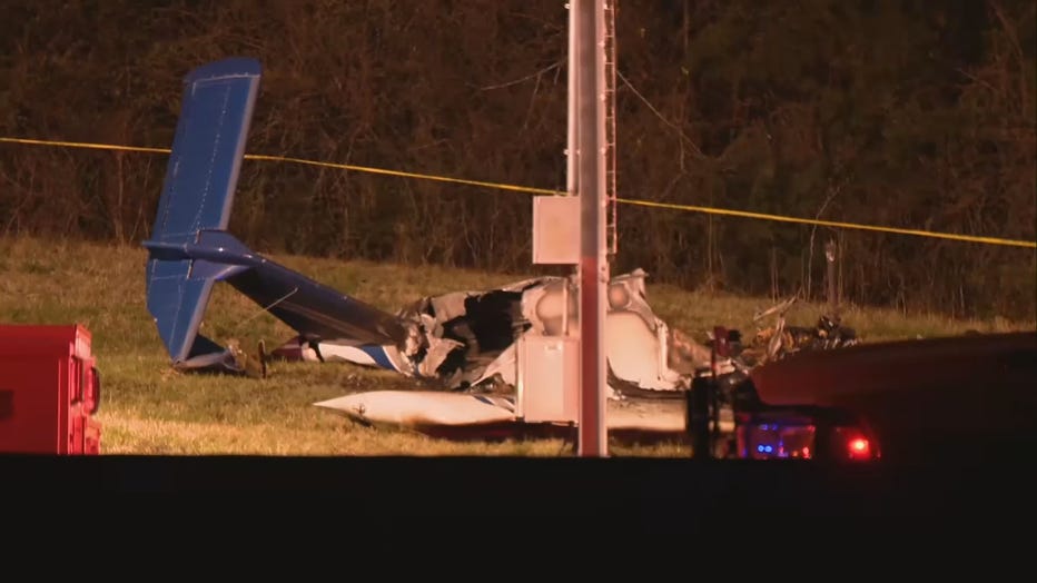 The single-engine plane crashed in a grassy median just off of I-40 on Nashville’s westside, bursting into flames. (Credit: WZTV)