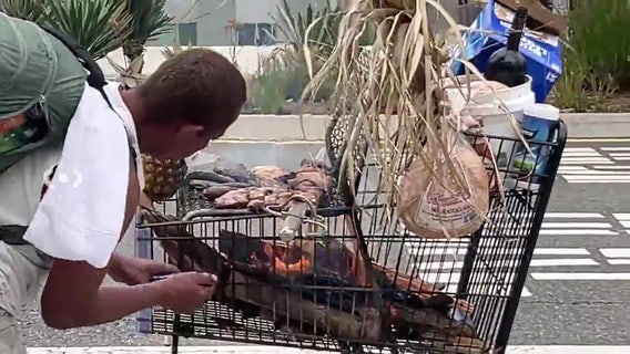 Man grilling in shopping cart, using sword as skewer arrested near Santa Monica Pier