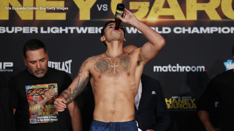 Ryan Garcia during a weigh-in at Barclays Center on April 19, 2024 in New York City. (Photo by Cris Esqueda/Golden Boy/Getty Images)