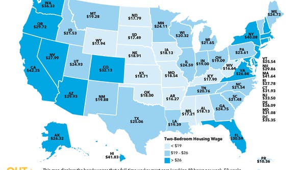This map shows the hourly wage needed to afford rent in California