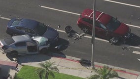 Sedan flipped over in horrific 6-car wreck in Buena Park