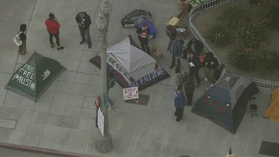 Pro-Palestine encampment forms outside LA City Hall; Police issue tactical alert