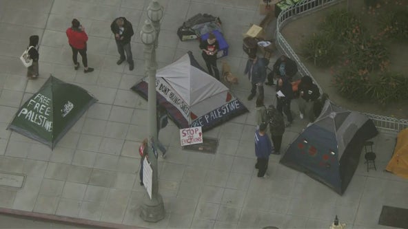 Pro-Palestine encampment forms outside LA City Hall; Police issue tactical alert