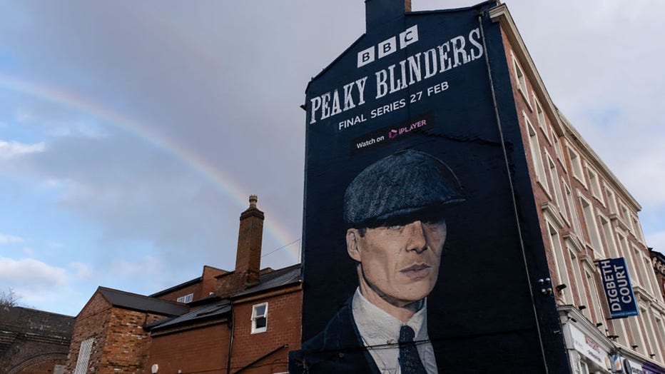 FILE - Peaky Blinders mural of the character Thomas Shelby played by actor Cillian Murphy promoting the final series of the popular BBC drama by street artist Akse P19 in Digbeth on 23rd February 2022 in Birmingham, United Kingdom. (Photo by Mike Kemp/In Pictures via Getty Images)
