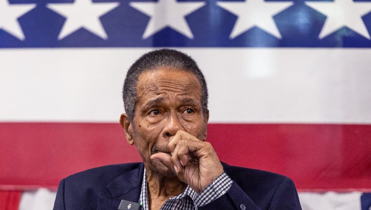 Rod Carew, former Angels star and Baseball hall of famer, gets emotional as he watches an inspirational naturalization video as he finally becomes a U.S. citizen at the age of 78 by being sworn in as a U.S. Citizen at USCIS Santa Ana field office in Santa Ana Friday, Aug. 23, 2024. (Allen J. Schaben / Los Angeles Times via Getty Images)