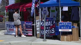 Pro-Donald Trump, pro-Kamala Harris merch stands share corner, friendship in Orange County