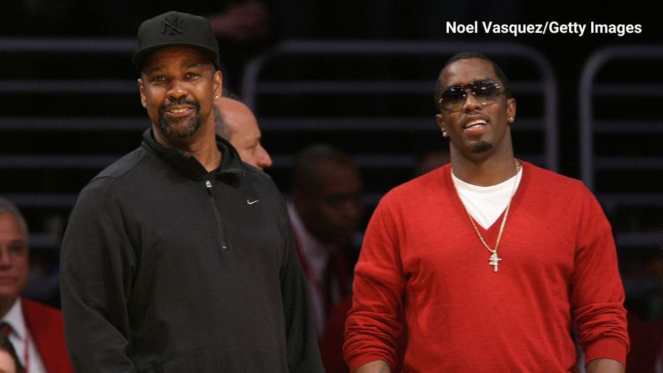 Denzel Washington (L) and Sean 'P. Diddy' Combs (R) attend the Los Angeles Lakers vs San Antonio Spurs Western Conference Game 5 at the Staples Center on May 29, 2008 in Los Angeles, California.