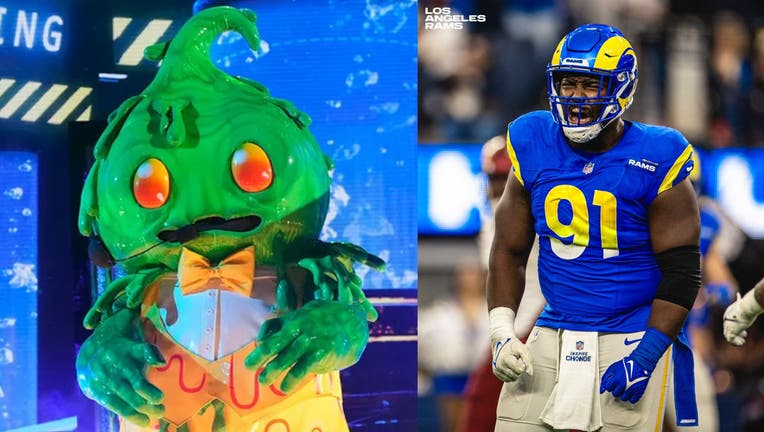 Kobie Turner performs in a "Goo" costume on The Masked Singer (Left: Michael Becker/FOX. Right: Los Angeles Rams)