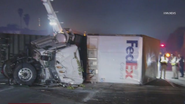 FedEx truck overturns on 60 Freeway in Hacienda Heights