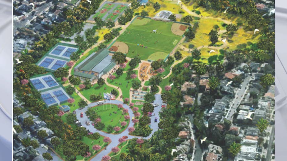 Aerial renderings of a proposed rebuilt recreation center and park in the Pacific Palisades.