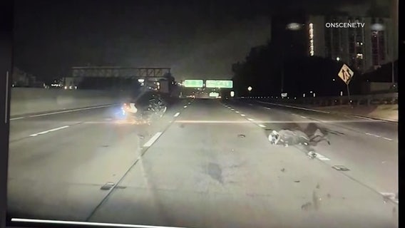 VIDEO: LAPD motorcycle officer injured in DTLA freeway crash