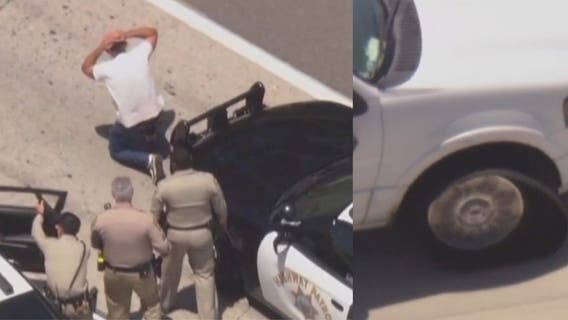 Pursuit suspect surrenders after SUV blows a tire on 10 Freeway in West LA