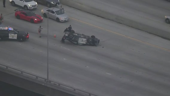 Cop car flips over following pursuit in Long Beach