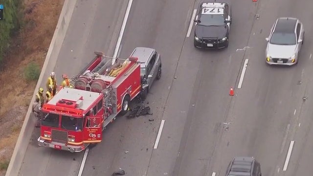10 Freeway crash: 1 dead after vehicle rear-ends fire truck in Claremont