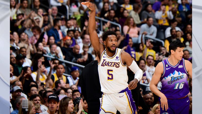 Malik Beasley #5 of the Los Angeles Lakers looks on during the game against the Utah Jazz on April 9, 2023 at Crypto.Com Arena in Los Angeles, California. Copyright 2023 NBAE (Photo by Adam Pantozzi/NBAE via Getty Images)