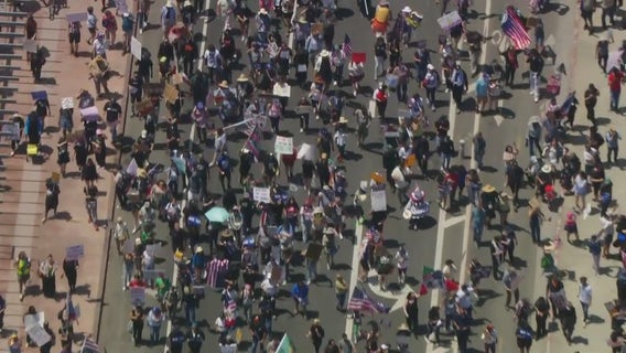 Large group in downtown LA rallies against ICE, federal immigration enforcement