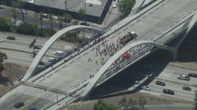 Anti-ICE protest shuts down Sixth Street Bridge as multiple rallies held throughout LA