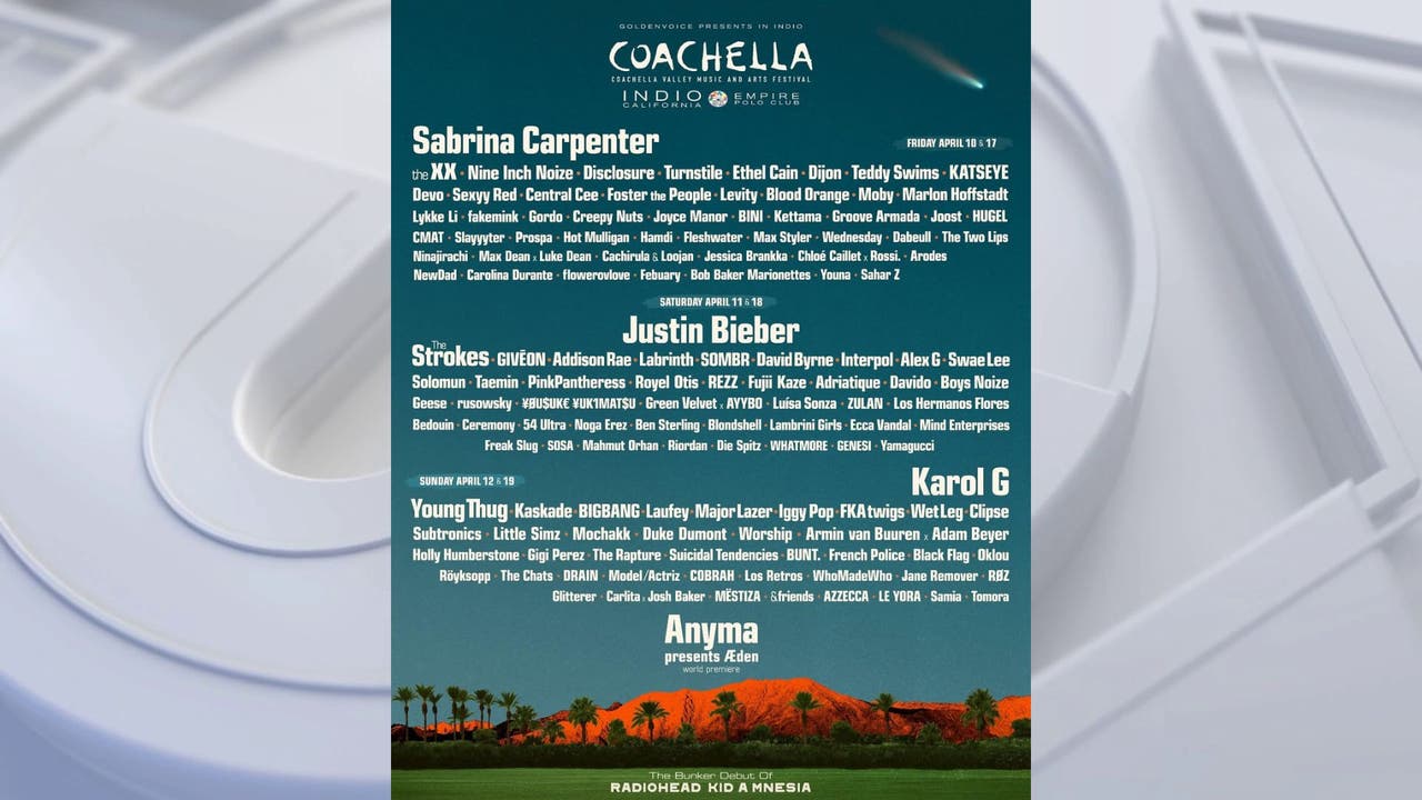 Coachella 2026: Sabrina Carpenter, Justin Bieber, Karol G listed as headliners