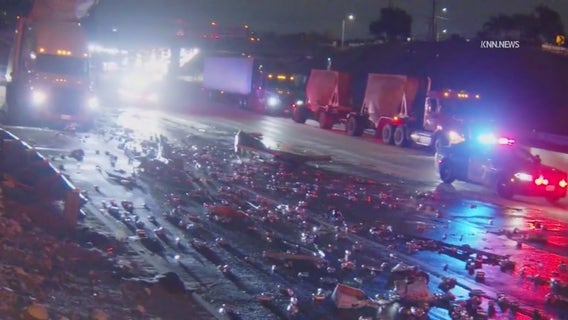 210 Freeway crash: Multi-vehicle collision spills beer cans, kegs onto westbound lanes