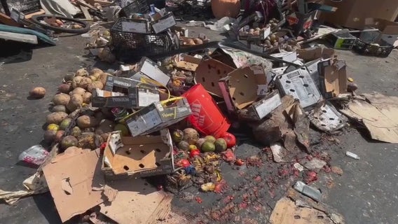Piles of rotting produce line street near downtown LA