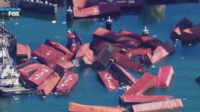 Multiple shipping containers fall from ship into water at Port of Long Beach