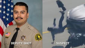 Motorcyclist who allegedly shot deputy crashes into car during San Bernardino County police chase