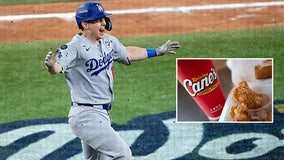 Dodgers' Will Smith works celebratory 'shift' at Raising Cane's in Hollywood