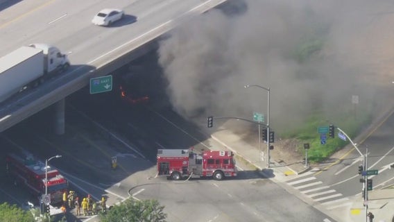 Driver hospitalized after LAUSD bus catches fire under 210 Freeway