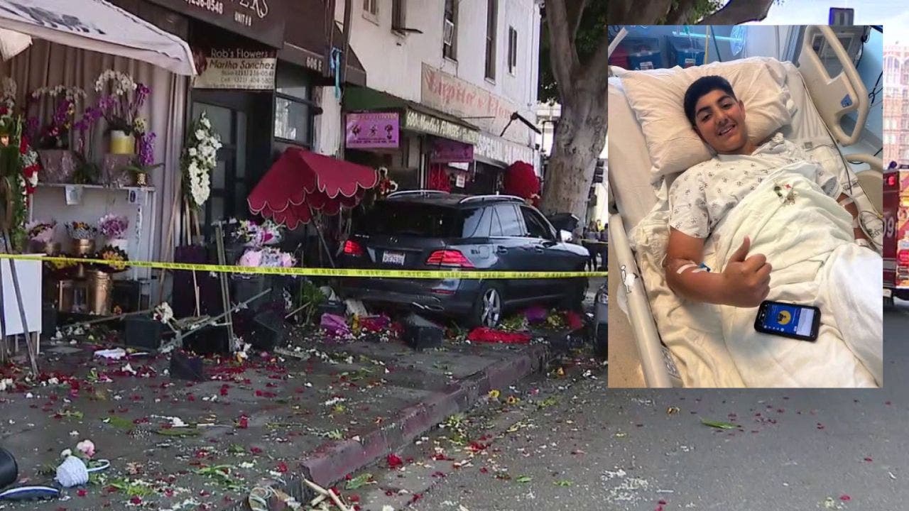 Teen recovering after car jumps curb and crashes into pedestrians in downtown LA's flower district