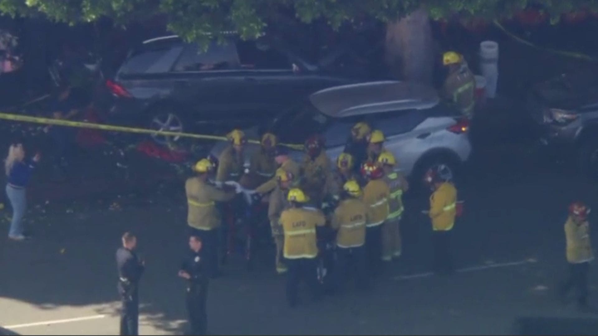 6 injured after car crashes into tree on sidewalk in downtown LA